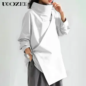 UOOZEE Women's Asymmetrical Turtleneck Wrap Blouse - Solid Smooth Polyester with Long Sleeves and Back Zipper for Office & Evening Wear