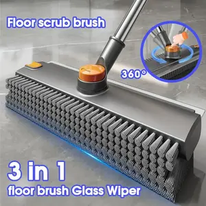 Long Handle Floor Scrub Brush, 3-in-1 Bathtub Brush with Heavy-Duty Stiff Bristles & Squeegee, Multi-Purpose Shower Bathroom Patio Garage Kitchen Wall Deck Scrubber Home Essential Cleaning Tool