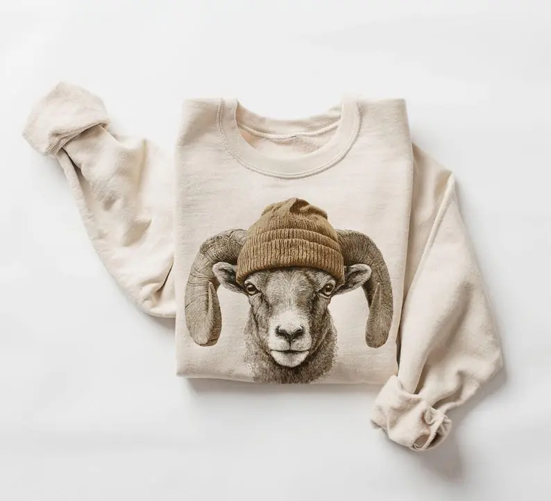 Bighorn Sheep Ram Wearing Beanie Sweatshirt – Mountain Wildlife Crewneck, Camping & Hiking Gift, Retro 90s Unisex Outdoor Pullover, Unisex Cotton Crewneck Sweatshirt Menswear Womenswear Streetwear Top