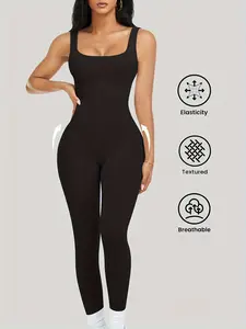 Womens Workout Rompers Jumpsuits Seamless Ribbed Yoga Gym One Piece Sleeveless Square Neck Tank Top Leggings Unitard