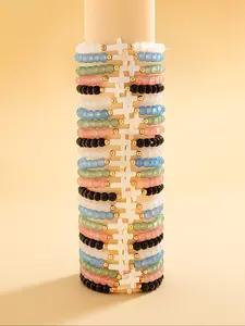 25-Piece DIY Colorful Glass Bead Bracelet Set, Unisex Simple Cross Pendant Layered Wristband Jewelry, Beads Bracelets, Perfect for Daily Casual Wear