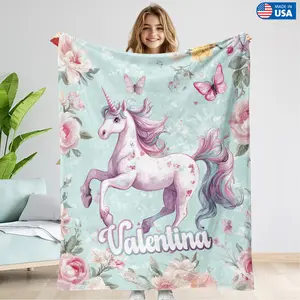 Personalized Girls Boys Rainbow Unicorn Blanket, Unicorn Girl Gifts, Customized Name Throw Blankets, Flannel Throw,Toddler Gifts