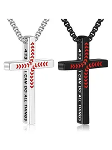 Stocking Stuffers Christmas Gift - Baseball Cross Necklace for Boys Men, Stainless Steel Cross Pendant Chain 24 Inches, Inspirational Bible Verse Religious Gift (2PCS)