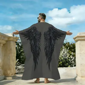 Men's V-Neck Pullover Loose Caftan Long Robe, Black Thorn Wings Print Dark Fantasy Gothic Graphic Beach Cover Up, Breathable Short Sleeve Resort Lounge Sleep Shirt