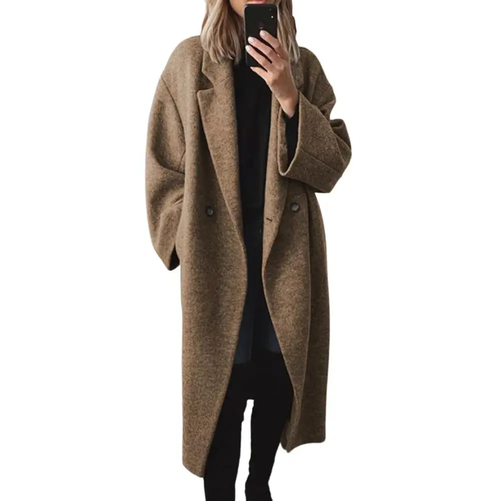 Chouyatou Women's Winter Double-Breasted Long Wool Coat Black Casual Notched Lapel Long Coat for Daily Life & Office Wear Womenswear Basic