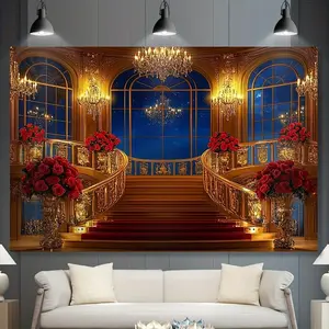 1PC Polyester Reusable 2D Flat Luxury European-Style Staircase Backdrop Banner, Starry Night Golden Chandelier Rose Decoration Tapestry, Wall Hanging for Birthday, Photo Shooting