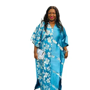 Mikado Mix Brocade Women's Elegant Floral Kimono Dress in Vibrant Blue with Silver Accents