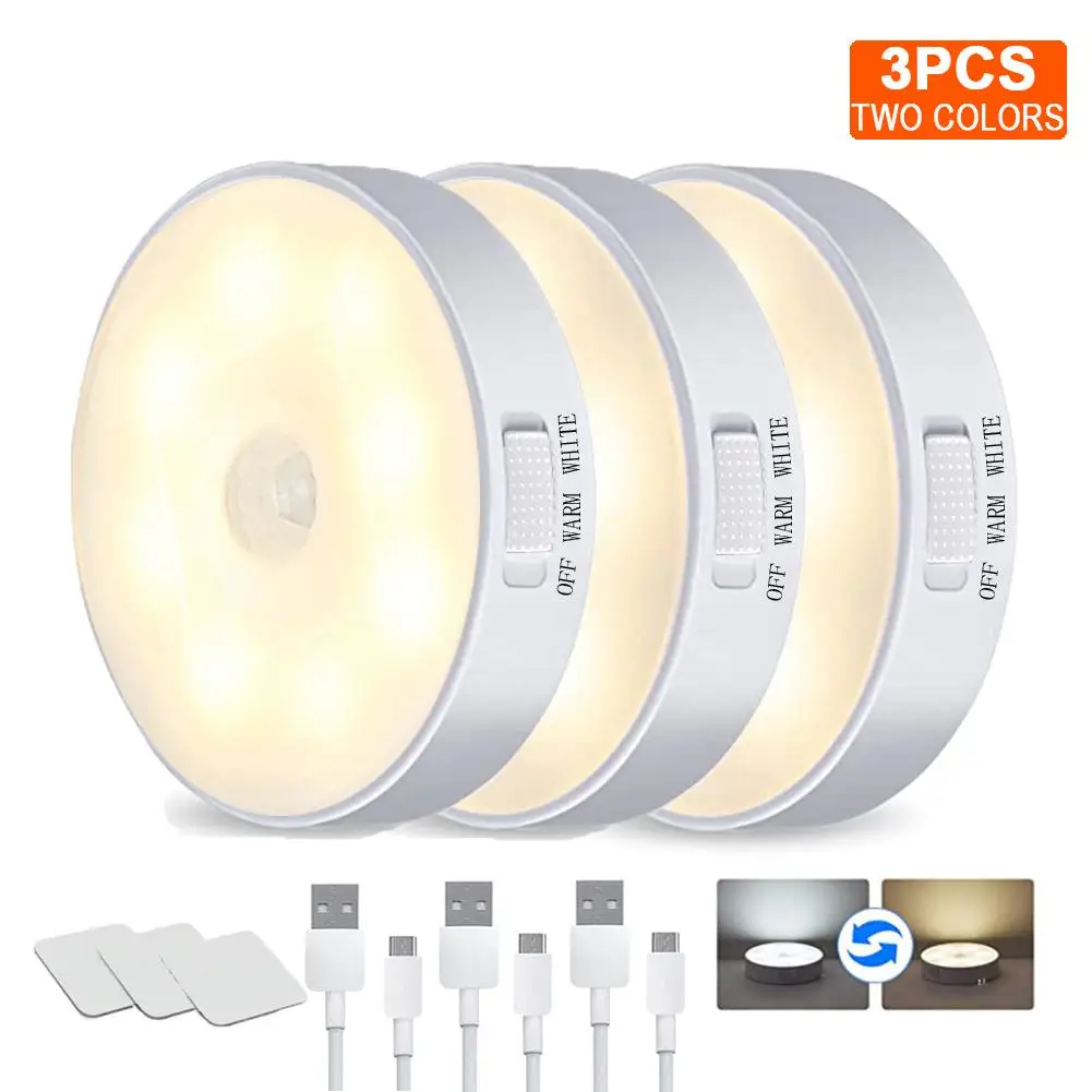 Motion Sensor 8-LED Rechargeable Night Light, Warm/White Light with USB Cable & Magnetic Sticker, Cordless Safety Wall Light for Kitchen, Bookshelf, a