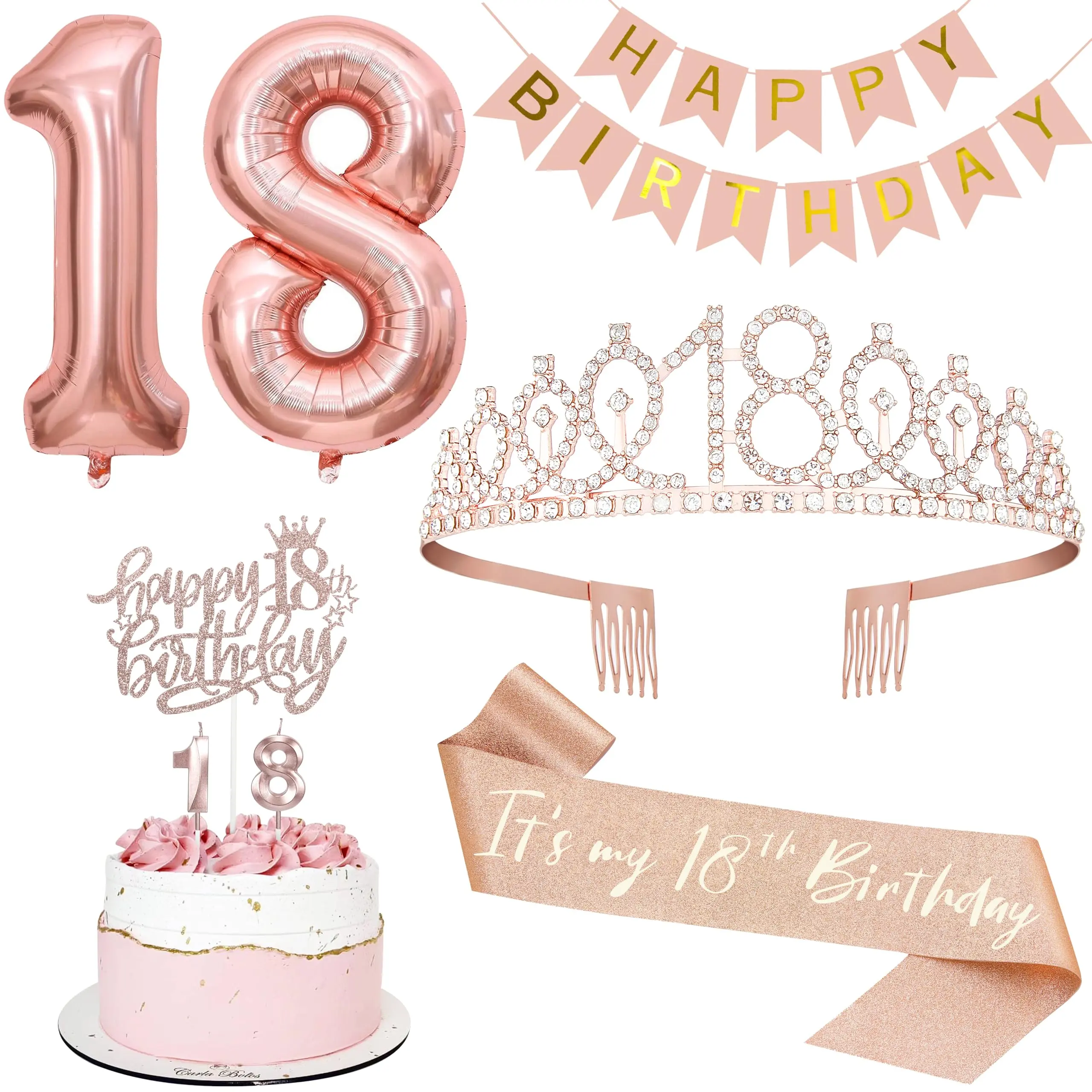 Rose Gold 18th Birthday Decorations Gift Set - Includes 18th Tiara, Sash, Happy Birthday Banner, Cake Toppers, Number Candles, Balloons (Fashion Hair Accessory Headpiece Crown)