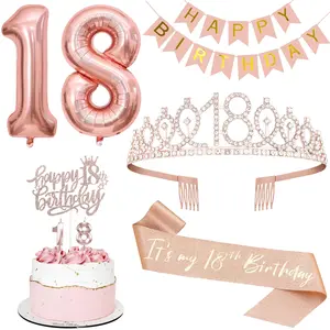 18th Birthday Decorations Set, Including 18th Tiara and Sash, Happy Birthday Banner, Cake Toppers, Number Candles and Balloons Set, Rose Gold