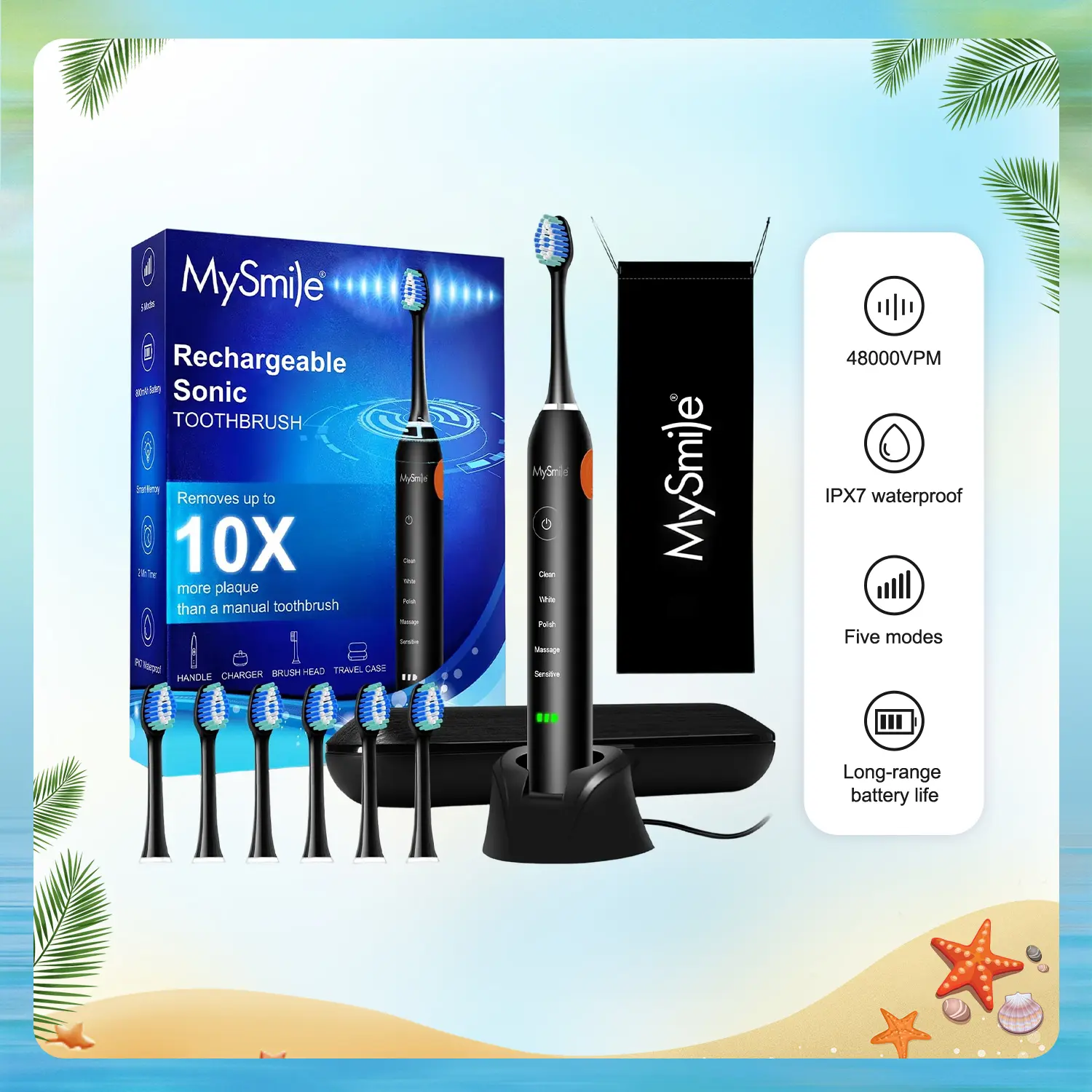 MySmile Elite Rechargeable Sonic Electric Toothbrush for Adults - TikTok Shop Exclusive, Oral Brightening, Selfcare, 6 Brush Heads, 5 Modes, Timer, Waterproof, Storage Travel Case, Charger Cable, Long Lasting Handle, Free Gift