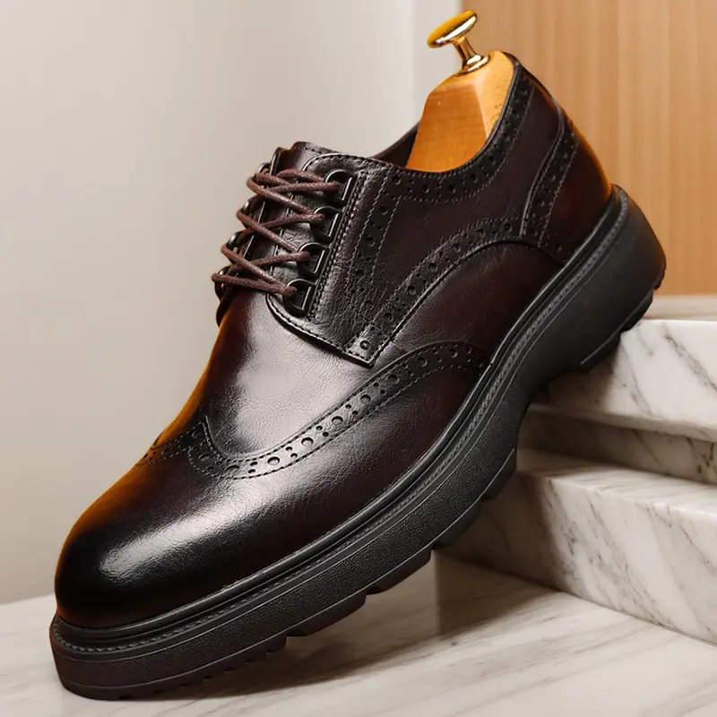 Men's brogue dress shoes with thick lug sole, comfortable lace-up formal shoes, durable business wedding shoes23735