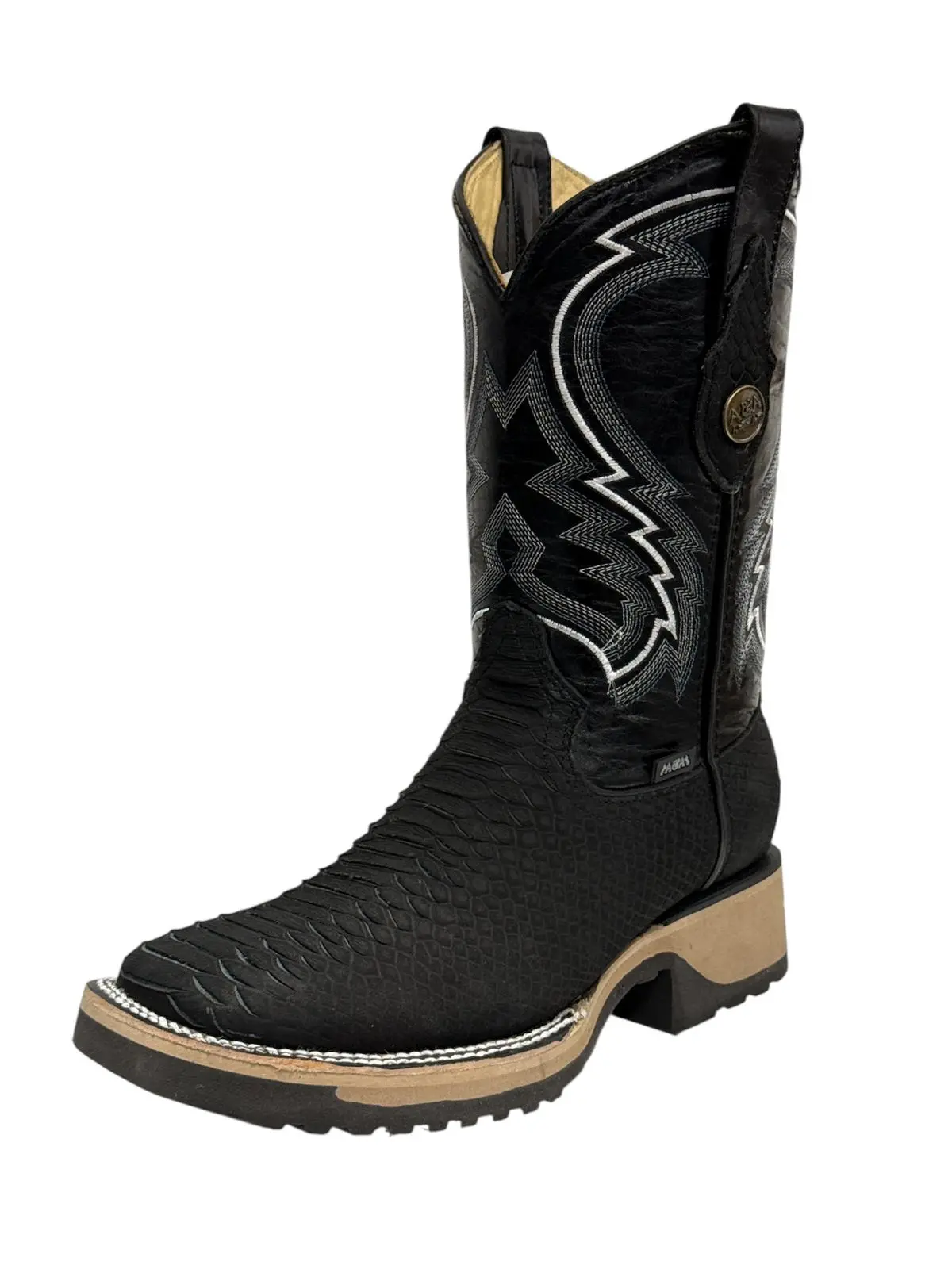 A&A MENS BOOTS, BOTA ESTILO FERNANDO, PIEL IMITACION PITON, HORMA BULLDOG, SUELA DOBLE DENSIDAD.