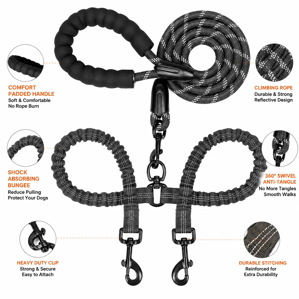 Kigifuture Dual Dog Leash with 360 Swivel Clasp, No-Tangle Walking Leash, Shock-Absorbing Bungee for 2 Dogs, Dual Leash