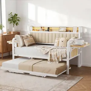 Jocoevol Daybed with Trundle and LED Light, Heavy Duty Metal Twin Bed Frame with Upholstered Storage Headboard & Charging Station, Day Bed Pop Up Trundle Bed Twin for Living Room,Bedroom and Guest Room, White