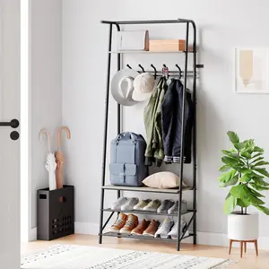 Multifunctional Grey Hall Tree Coat Rack Shoe Bench - 5 Hooks, Storage, Wood-Look Accent Furniture with Metal Frame for Entryway, Living Room
