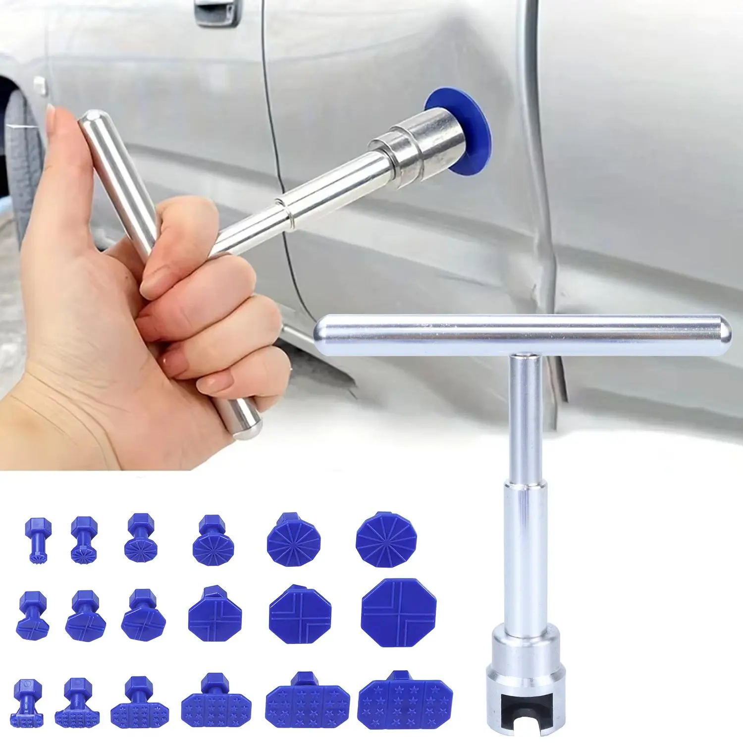 Car Dent Repair Tool, 1 Count Short T Puller & 18 Blue Washers, Car Body Repair Tool, Professional Car Repair Tool for Small Dents, Car Dent Remover, Auto Repair Supplies
