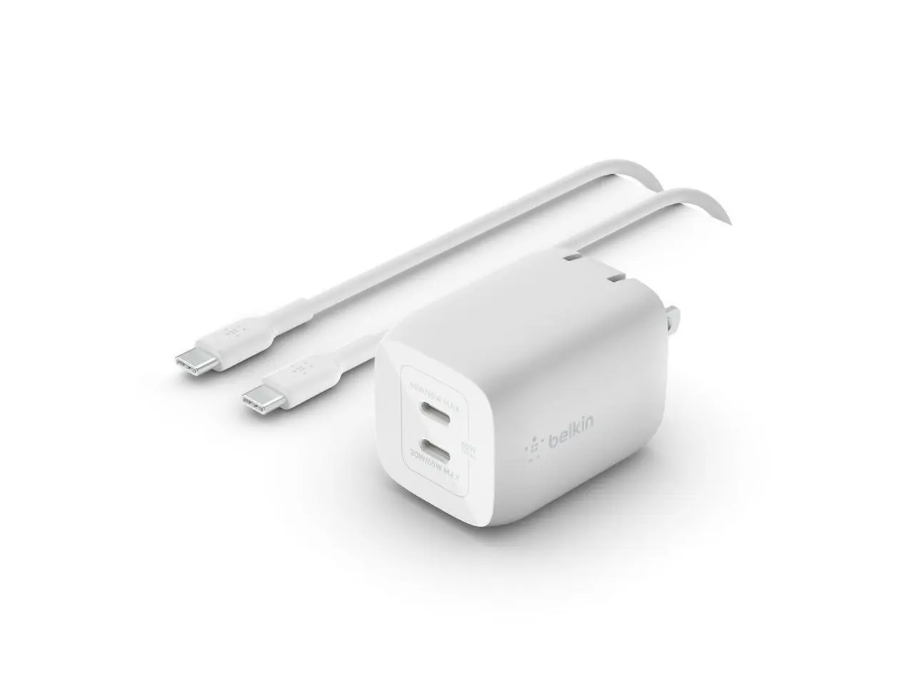 Belkin Dual USB-C GaN Wall Charger with PPS 65W + USB-C to USB-C Cable, White