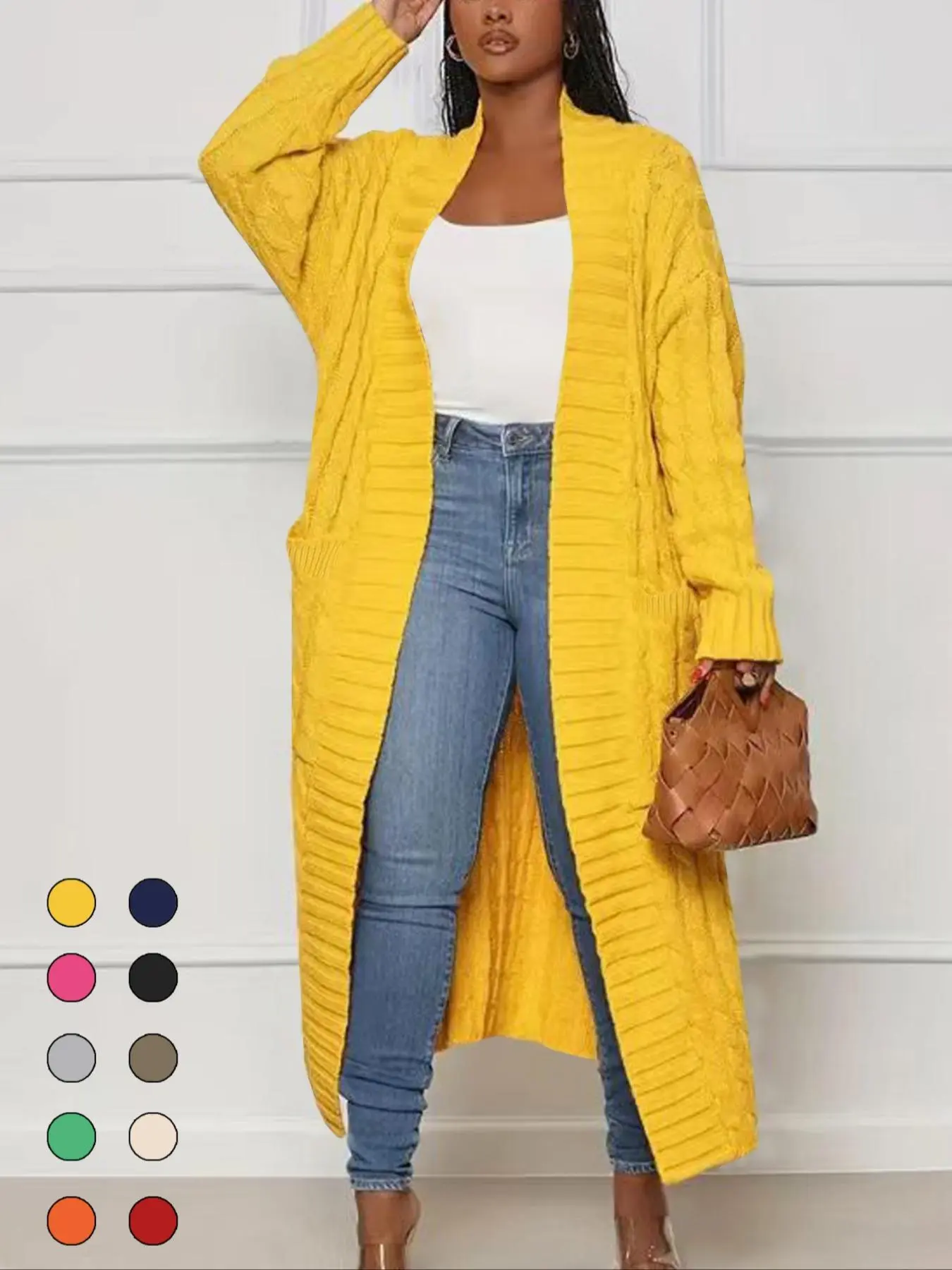 Women's Solid Color Textured Knitting Drop Shoulder Long Sleeve Pocket Longline Cardigan, Casual Open Front Knitwear for Fall & Winter, Women's Knit Clothing for Daily Wear, Everyday Sweaters for Women Womenswear Fit