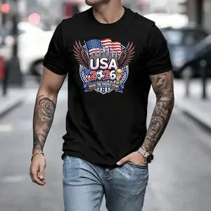 American Eagle City Menswear Round Neck Short-Sleeve T-Shirt, Top with Creative Flag, Trophy, Wings Prints, Loose Comfortable Fit, Breathable Skin-Friendly Fabric, Streetwear Style, Suitable for Everyday Outings, Fan Outfits