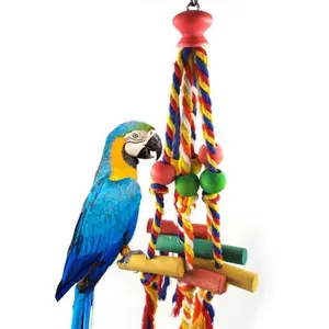 Colorful Braided Bird Toy with Wood Beads, Hanging Parrot Toy Bird Cage Toy Bird Chew Toy Random Color