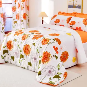 Comforter Set 7 count Reversible  Size Comforters for All Season Orange Sunflower Floral Bedding Sets Bed in a Bag with Flat Sheet and Fitted Sheet,Pillowcases & Shams (88"x88")