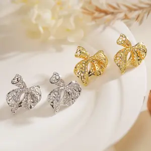 Mafisar 2026 New Fashion Gold/Silver Color Bowknot Shape Stud Earrings For Elegant Women Shiny AAA CZ Inlay Copper Jewelry