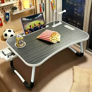 Oversized Portable Laptop Bed Table Foldable Durable Wooden Computer Tray with Cup Holder Drawer USB Fan Light Ideal for Reading Writing on Bed Sofa Floor Sleek Black Design Tiltable Tabletop Sturdy Modern Portable Table