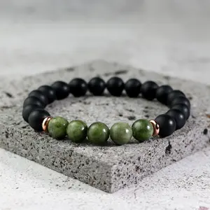 Natural Green Jade Black Onyx 8mm Beads Healing Reiki Balance Anxiety Relief Stretchy Handmade Bracelet