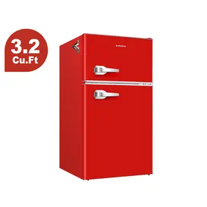 BANGSON Retro Fridge 3.2 Cu.Ft Mini Refrigerator with Double Door & Freezer Adjustable Thermostat Energy-Efficient LED Light Red Household Appliance Gift idea Christmas Gift