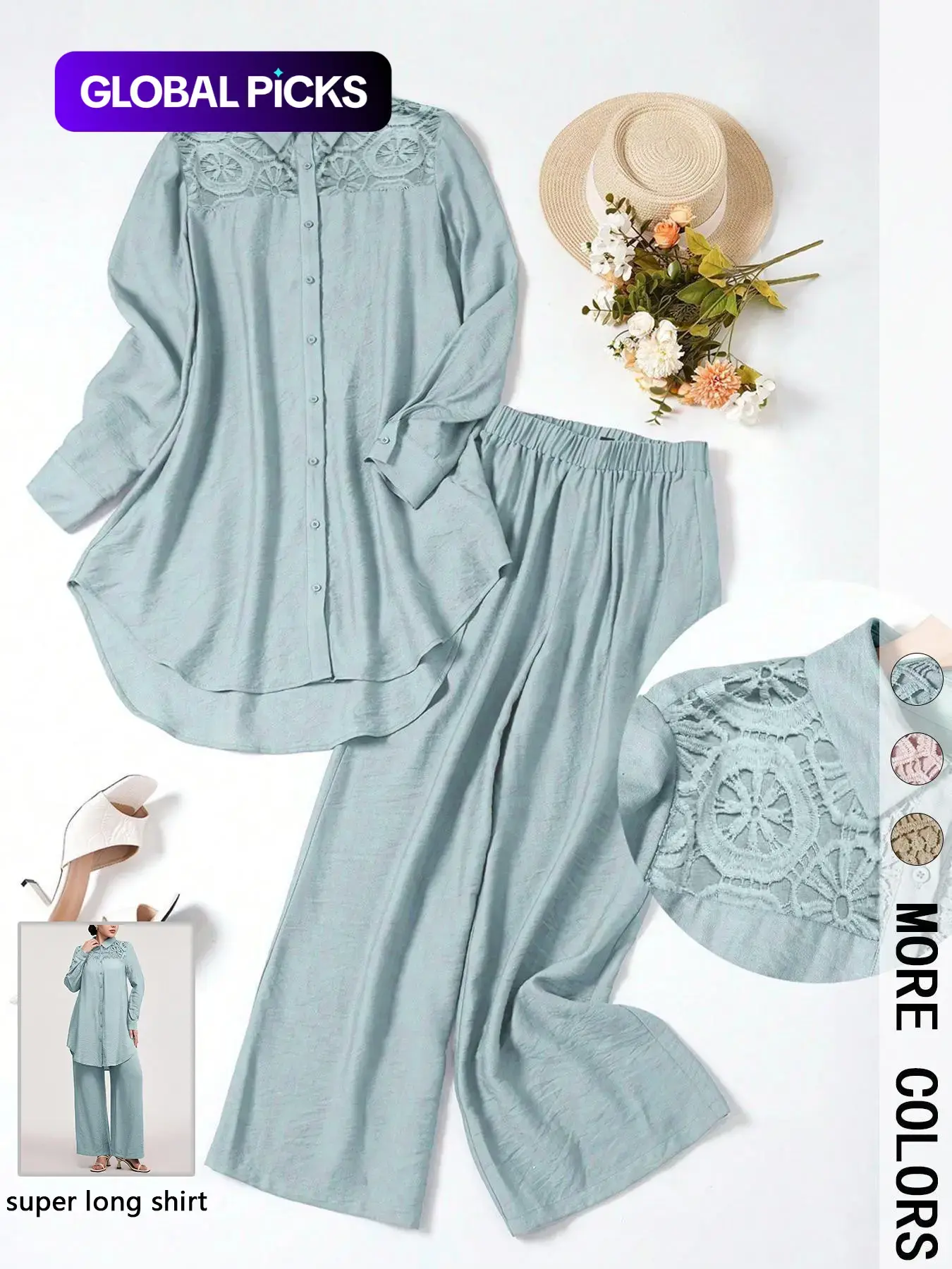 Women's Casual Two-Piece Set, Fashion Style Sets, Fashion Clothing Set, Hollow-Out Long Sleeve Top and Loose-Fit Pants, Plain Color Comfortable Breathable Woven Fabric Outfit Clothes for Daily Wear, Spring and Fall Fashion, Womenswear