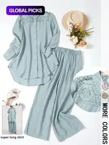 Women's Casual Two-Piece Set, Hollow-Out Long Sleeve Top and Loose-Fit Pants, Plain Color Comfortable Breathable Woven Outfit for Daily Wear, Spring and Fall Fashion, Womenswear