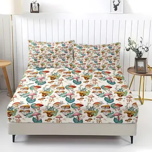 Mushroom Print Bedding Set (1 Fitted Sheet + 2 Pillowcases), Deep Pocket Fitted Sheet, Modern Home Decor Essential, Perfect Gift