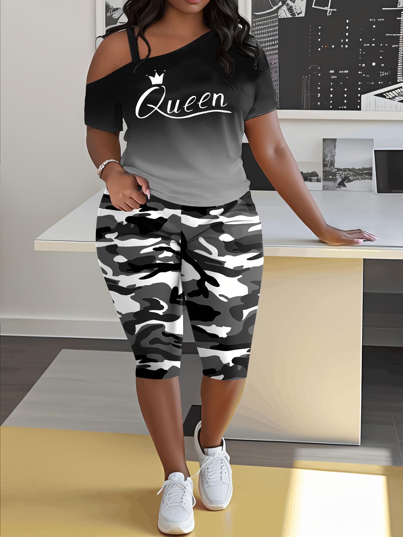 Women's 2-Piece Casual Chic Cowl Neck Shortsleeve Outfits - "Queen" Lettering Camisole, Camouflage Shorts, Casual Vacation Wear, Casual Chic Set