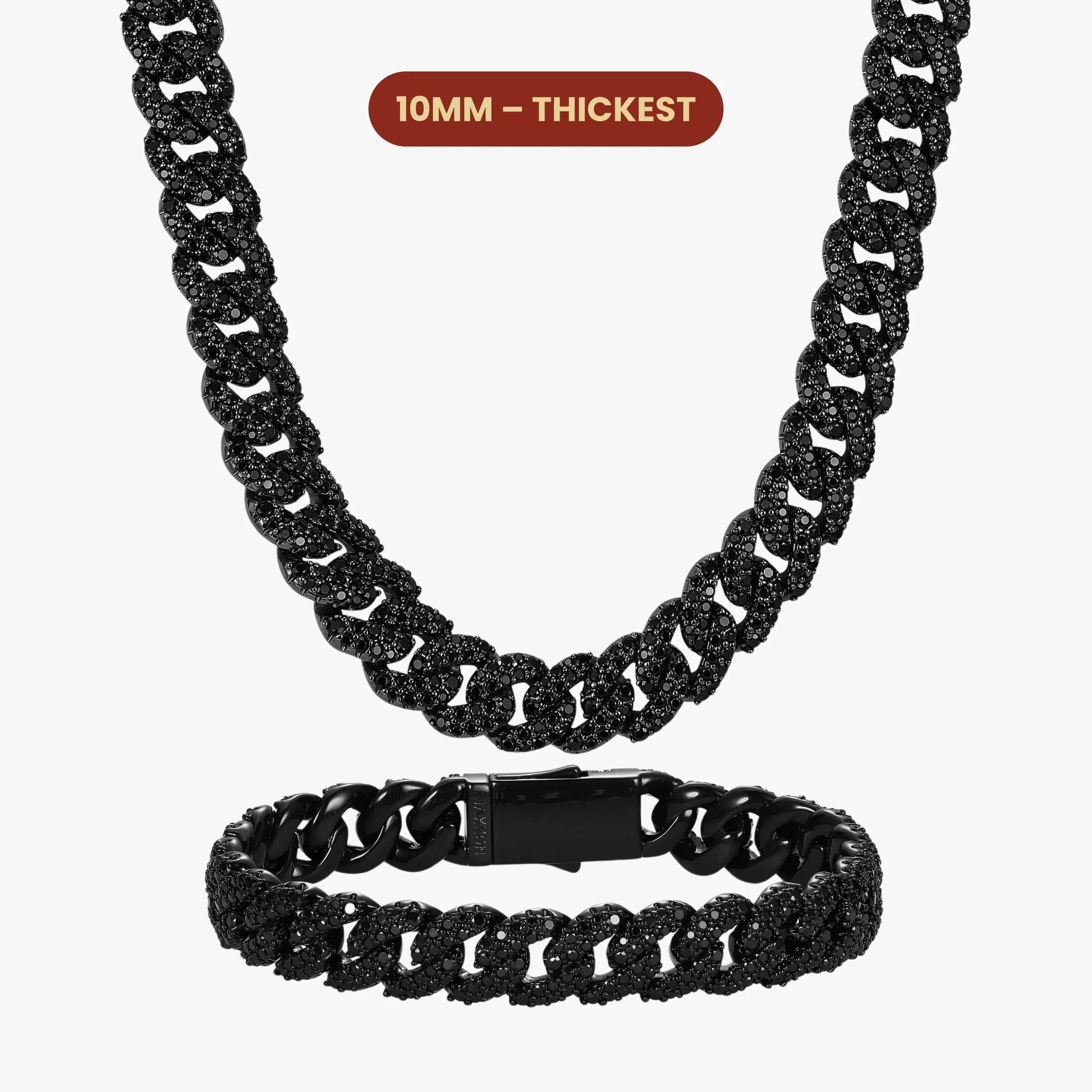 JAXXON Iced Out Cuban Set 10mm - Black - Rhodium Bonded for Shine & Durability - Box Clasp - Bundle & Save