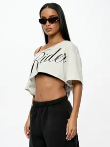 Women's Off Shoulder "Ride" Print Cropped T-Shirt 2026 Y2K Asymmetric Neck Short Sleeve Loose Fit Casual Streetwear Summer Daily Trendy Going Out Stylish Viral TikTok Fashion Essential