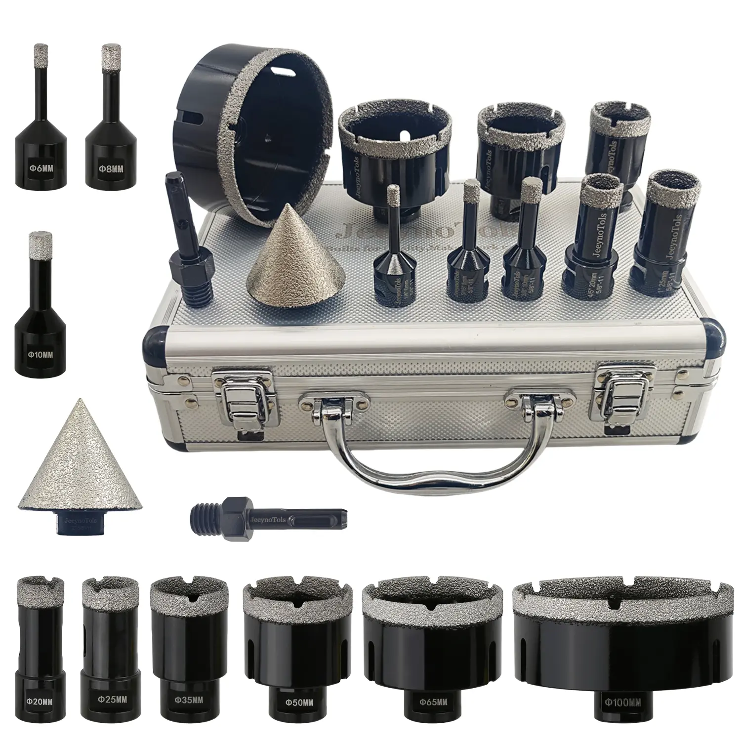 11PCs Diamond Core Drill Bit ,6/8/10/20/25/35/50/65/100mm Drill Bits & 2"(50mm) Beveling Chamfer Bit & 1Pc Adapters,5/8-11 Thread.free ship tilesaw tiles tools, angle grinder tool home repair