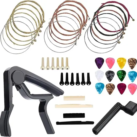 48 PCS Practical Durable ABS Guitar & Gear Accessories Set - 0.25mm Steel Coated Strings, Gold/Red Celluloid Picks, Capo, String Winder, Bridge Pins, Pin Puller for Folk Guitar, Ukulele, Banjo Tuning