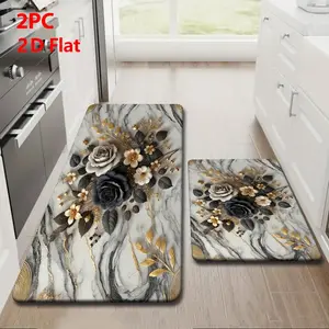 2pcs/3pcs Flannel Kitchen Mat Set, Marble Pattern, Roses, Gold Leaves, Non-Slip, Absorbent, Home Decor