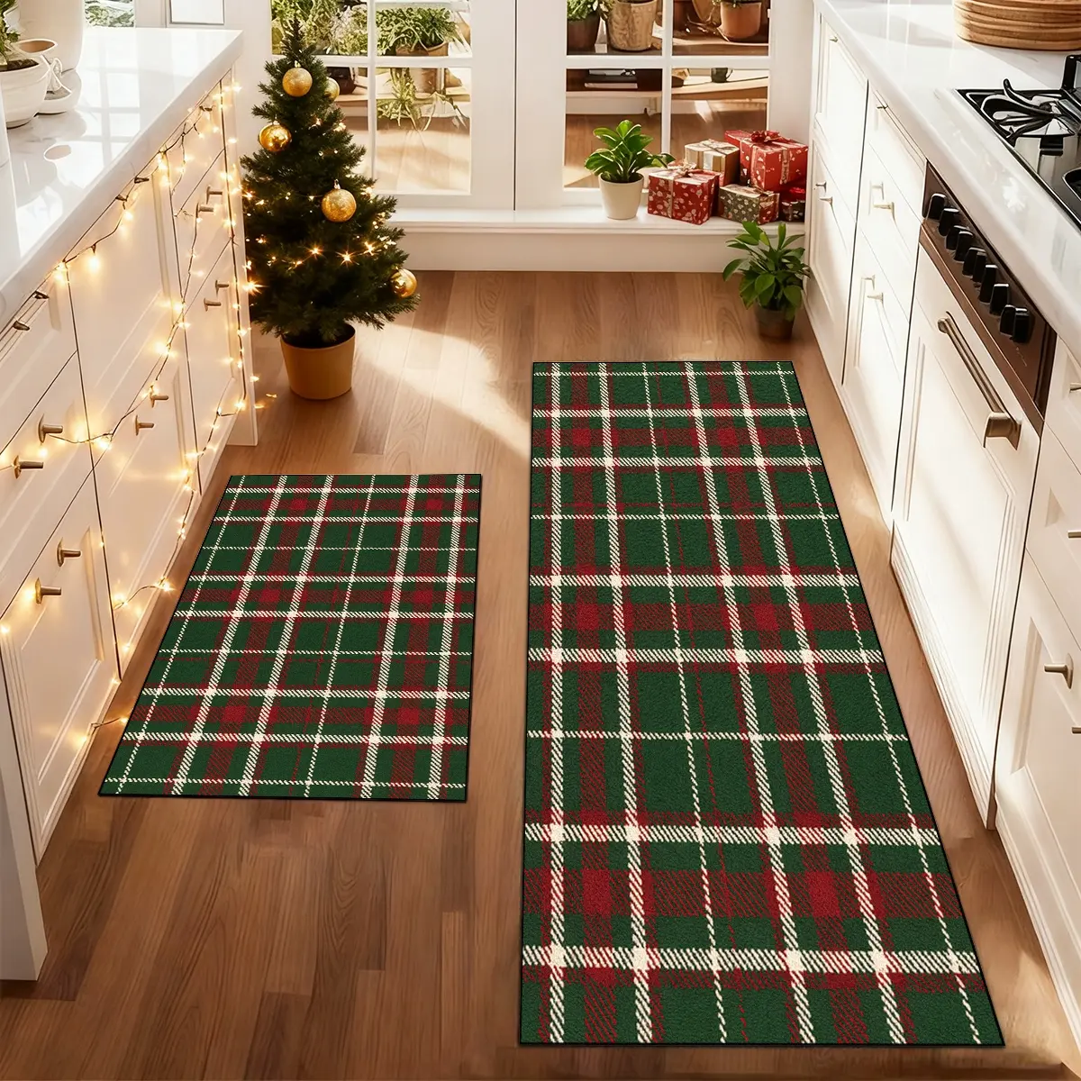 2Pcs non-slip kitchen mat, indoor mat, Christmas rug, Checkered rug, Decorative rugs, kitchen rug set, Christmas red and green plaid Floor Mat, soft foot mat, machine washable, Christmas decoration, suitable for kitchen, dining room, bedroom