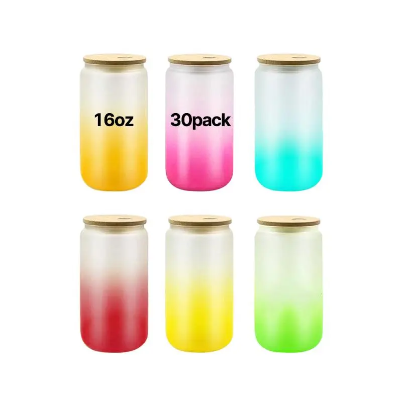 30-Pack 16oz Reusable Frosted Gradient Sublimatable Beer Can Glass Tumblers - Bamboo Lids, Washable Colored Glass Cups, USA Warehouse Kitchen Drinkware, Glass Tumbler