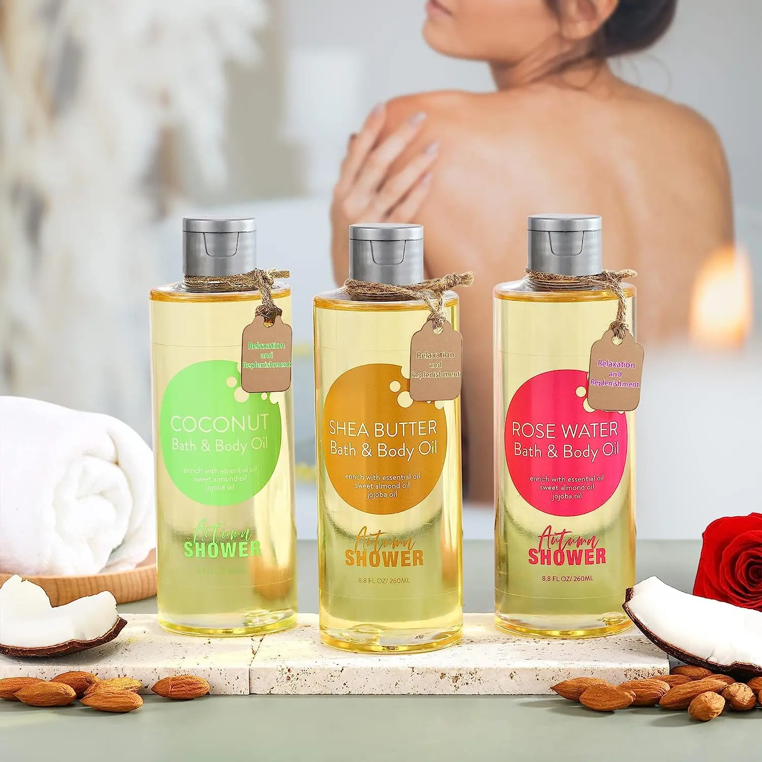 3 Pcs Moisturizing Bath Shower Oil Set Infused Sweet Almond Jojoba Oil Shea Butter Rose Water Coconut Multi-Use Nourishing Body Hair Massage Oil for Dry Skin Women Self Care Gift 26.4 fl oz