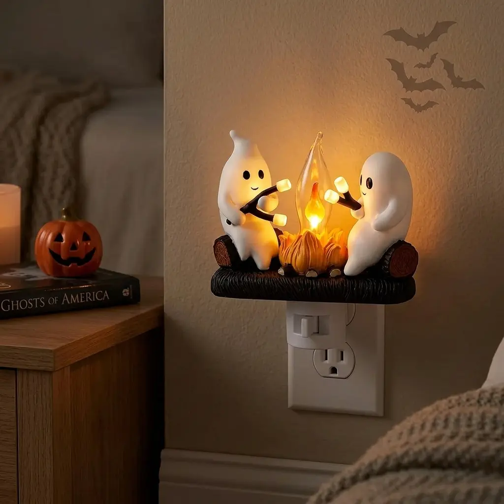 "Ghost Campfire" Plug-In Night Light with Standard Plug & AC Power Supply, Realistic Flickering Flame Effect, 3D Marshmallow Ghost Design, Halloween Decorations for Adults and Children to Light Up Your Space