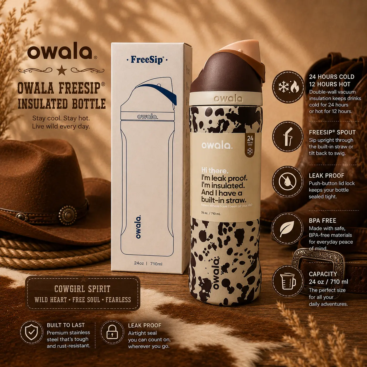 LIMITED EDITION Owala Cowgirl Core Cow Print FreeSip Water Bottle 24oz Western Collection Aesthetic Leak Proof Bottle