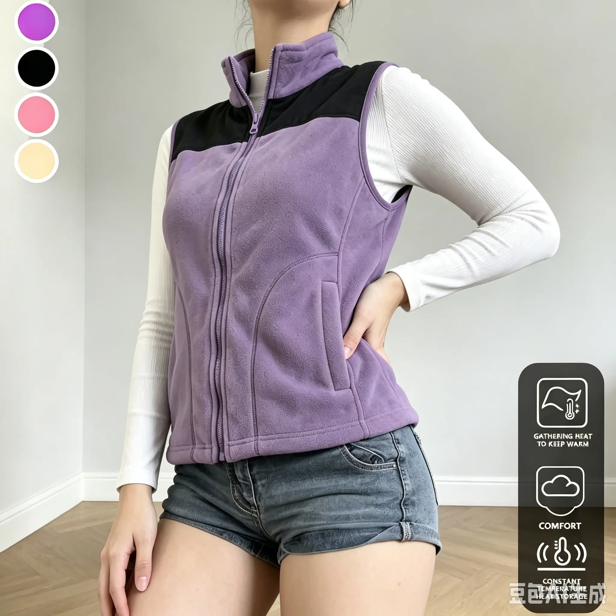 Clean Gent women’s color-block fleece vest, lightweight zip-up outdoor top with stand collar and pockets, fashionable casual vest for women