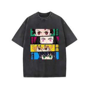 Demon Slayer Vintage Washed Graphic Tee 100% Cotton Anime Oversized T-Shirt Tanjiro Nezuko Men's Retro Streetwear Harajuku Casual Heavyweight Top