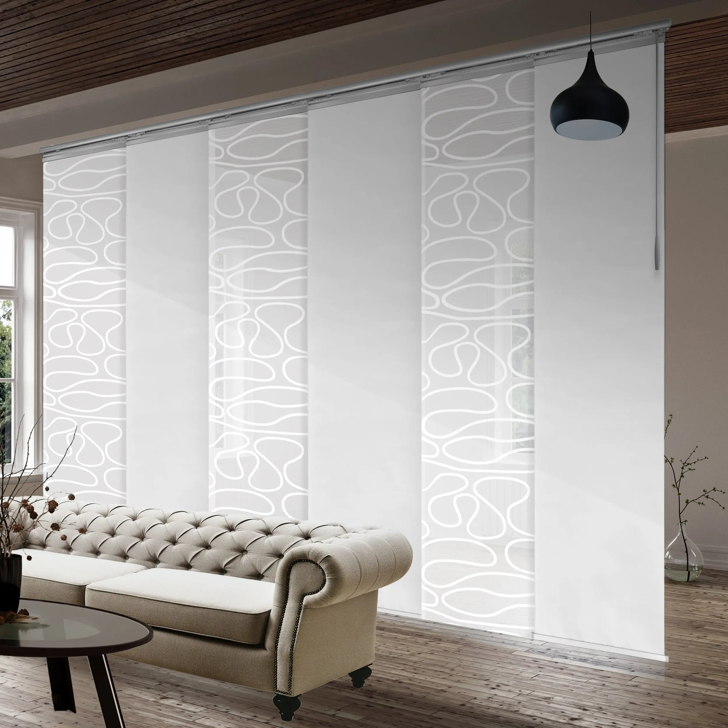 6-Panel Single Rail Panel Track Blind Extendable 70"-130"W x 91.4"H, Panel width 23.5", Whirl White, Embroidered Chiffon