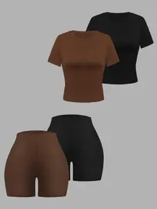 Four-piece Set Women's Solid Round Neck Tee & Elastic Waist Shorts Set, Fall Outfits 2024 Sets, Back To School Outfits, Casual Short Sleeve T-shirt & Shorts, Ladies Fall Clothes
