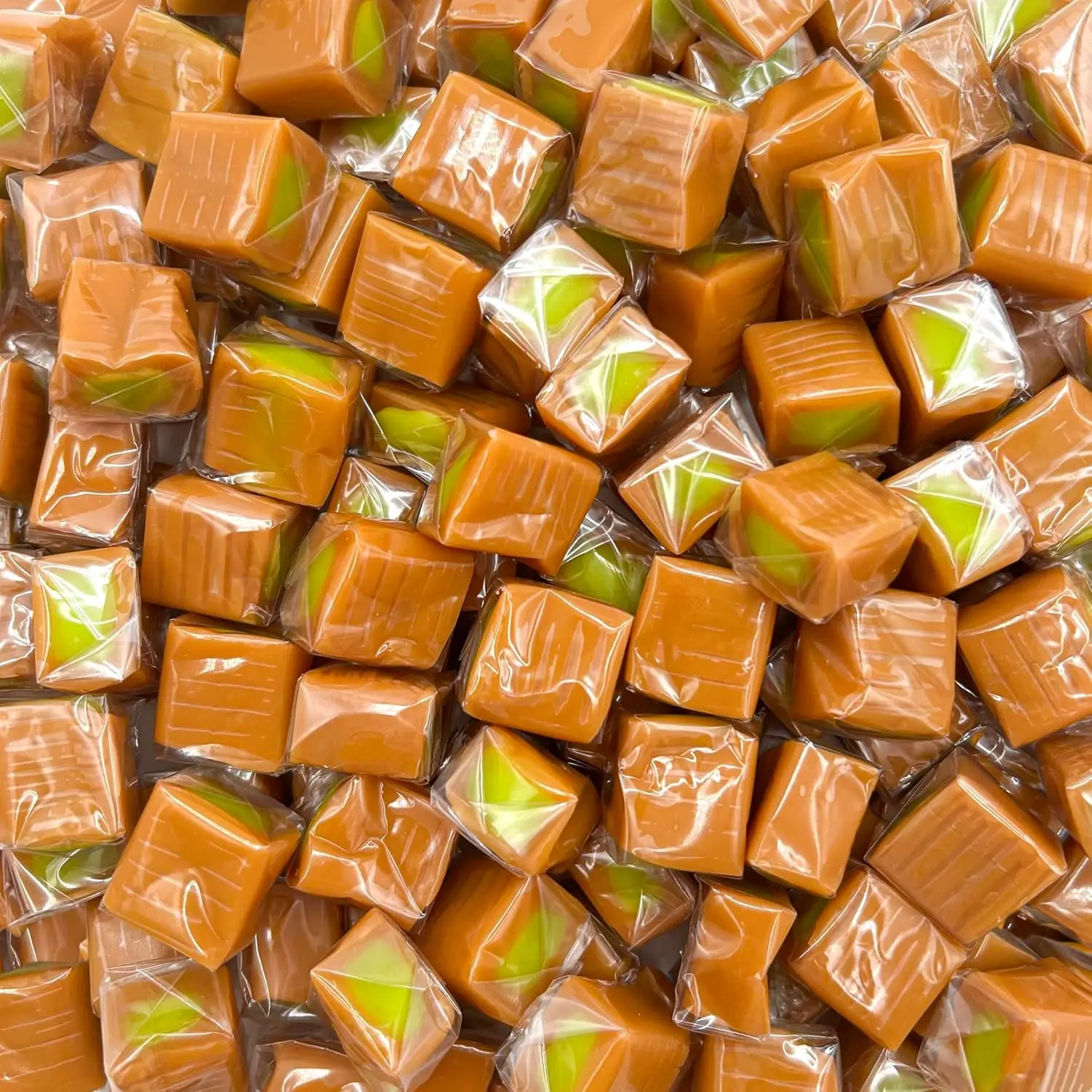 Caramel Candy Individually Wrapped, Green Apple Filling, 1 Lb Bag | Caramel Cubes for Snacking and Baking