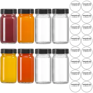 8/16/24 Pack Small Glass Juice Storage Container with Lid and Label Sticker, 60ML Capacity Leak-Proof Bottle, Traditional Classic Style Round Shape